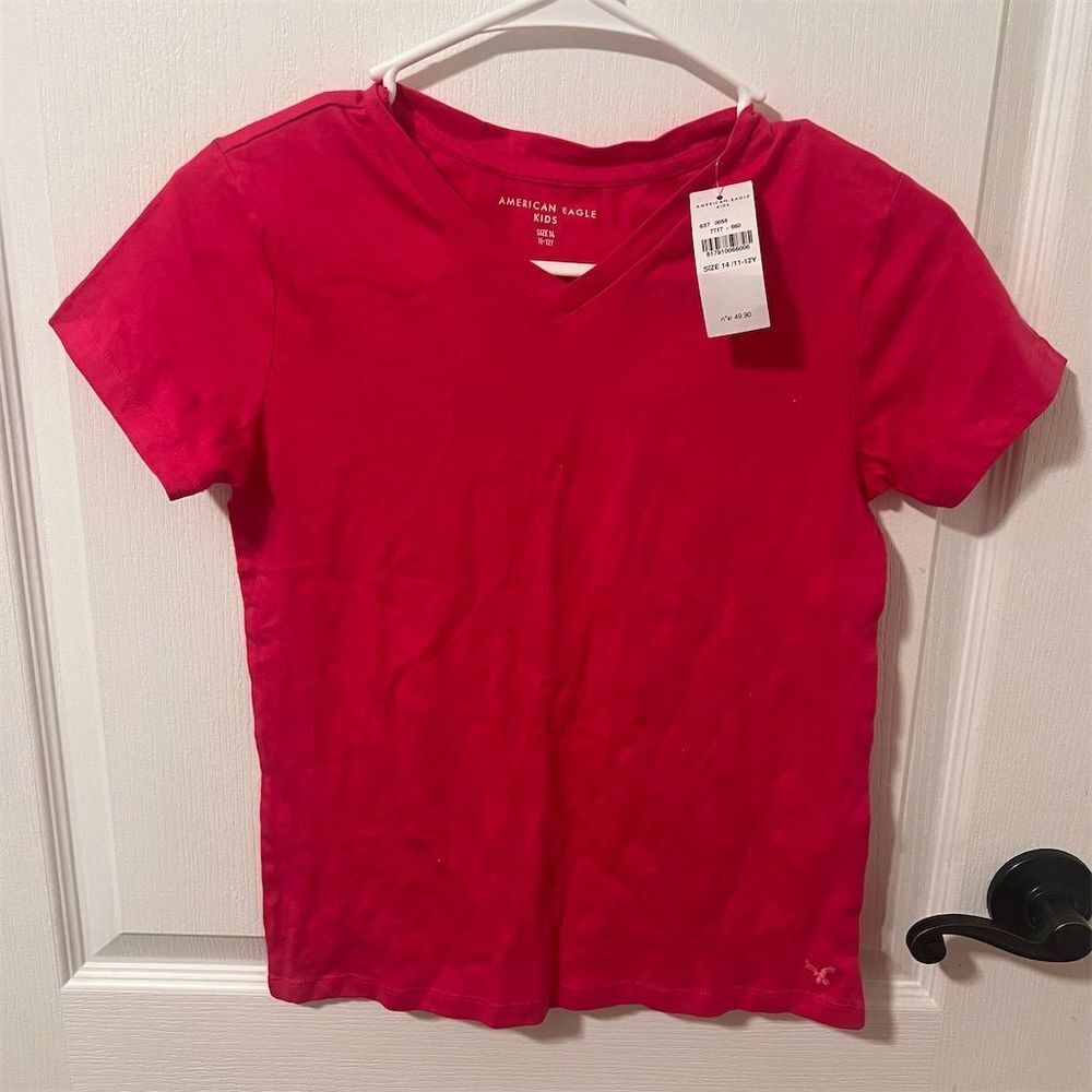 American Eagle Kids Girls V-Neck T-Shirt Pink Size 14 Short Sleeve‎ Casual NWT